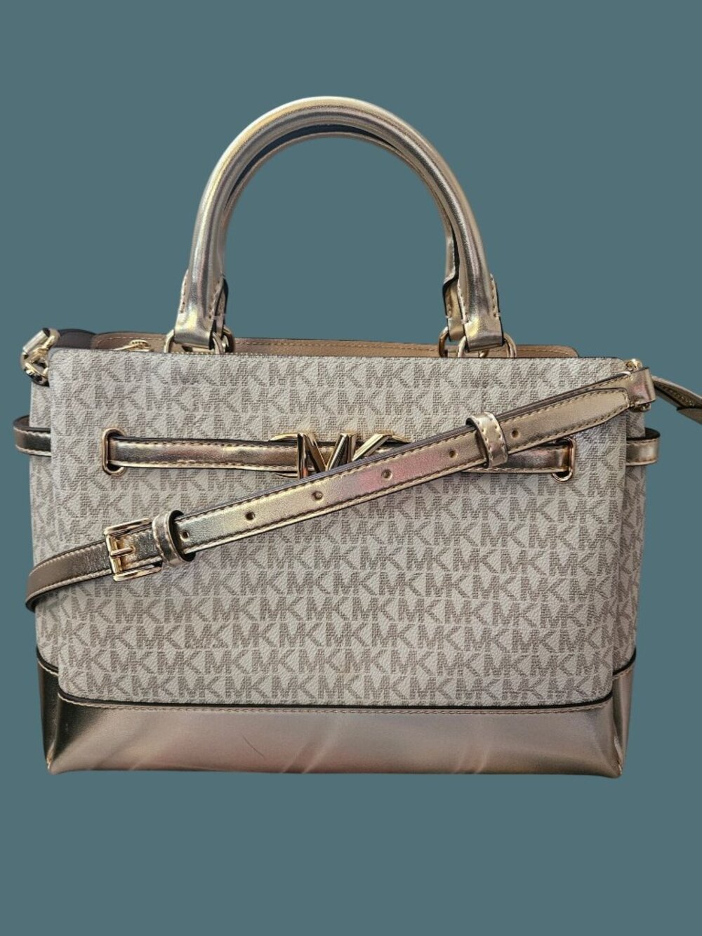 Michael Kors Reed Large Belted Vanilla Pale Gold Satchel Crossbody Bag - Picture 2 of 16